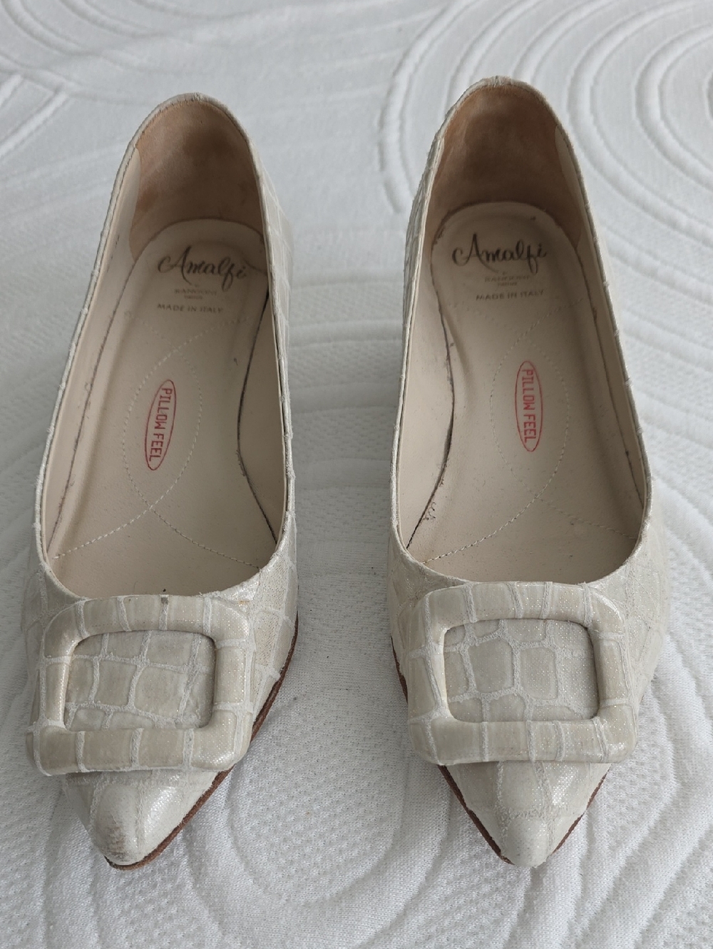 Amalfi Cream Croc-Embossed Pointed Toe Flats with Buckle